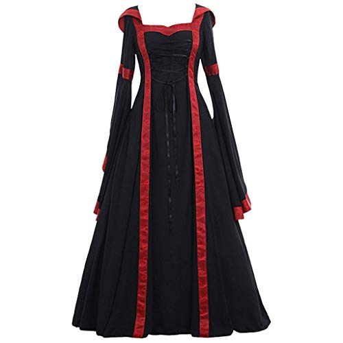 Briskorry Mittelalter Kleid Mädchen, Renaissance Kleid Schwarz, Gothiches Kleid Retro Spitzen Maxikleid Gesmokte Taille Trompete Ärmel Partykleid Off Shoulder Frabblock Schnürkleid Traditionelles von Briskorry