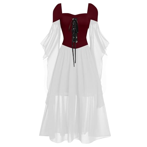 Briskorry Mittelalter Kleid Mädchen, Weißes Renaissance Kleid, Gothic Kleid Spitzen Retro Maxikleider Gesmokte Taille Trompetenärmel Partykleider Off Shoulder Frabblock Fasching Kostüm Party von Briskorry