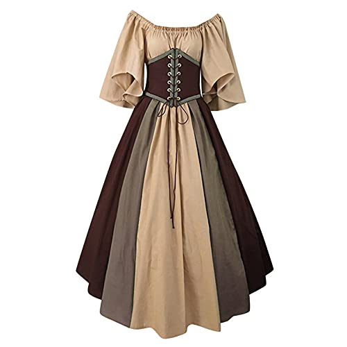 Briskorry Mittelalter Kleidung Damen, Schwarzes Renaissance Kleid, Gothic Kleid Spitzen Retro Maxikleid Gebunden Taille Trompetenärmel Partykleid Frabblock Schulterfrei Vampir Kostüm Traditionelles von Briskorry