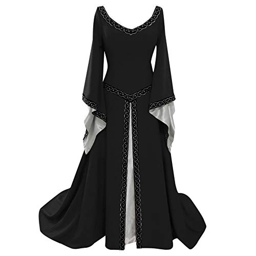 Briskorry Mittelalter Kostüm Damen, Renaissance Kleid Damen, Gothic Kleid Retro Mesh Maxikleid Gesmokte Taille Trompete Ärmel Partykleider Frabblock Off Shoulder Viktorianische Kleider Party von Briskorry