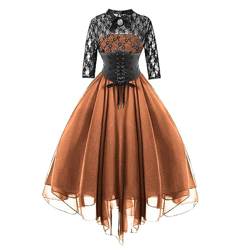 Briskorry Mittelalter Kostüm Damen, Renaissance Kleid Damen Lang, Gotischen Kleid Mesh Retro Maxikleid Gesmokte Taille Trompetenärmel Partykleider Frabblock Schulterfrei Viktorianisches Kleider Party von Briskorry