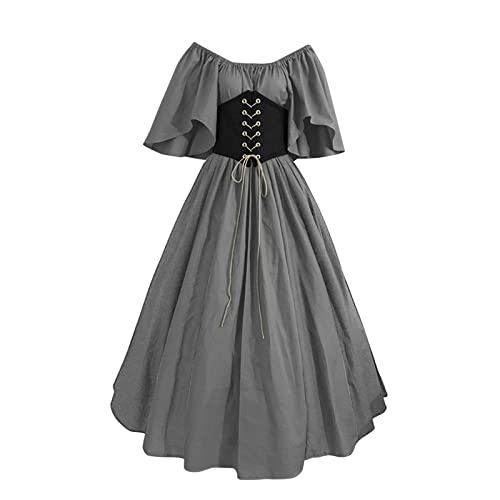 Briskorry Mittelalter Kostüm Damen, Renaissance Kleid Grün, Gotischen Kleid Retro Spitzen Maxikleider Trompete Ärmel Gesmokte Taille Partykleider Frabblock Off Shoulder Fasching Kostüm Party von Briskorry