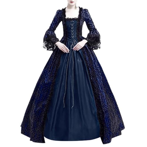 Briskorry Mittelalter Kostüm Damen, Renaissance Kleid Mädchen, Gotischen Kleid Spitze Retro Maxikleid Gebunden Taille Trompete Ärmel Partykleid Frabblock Schulterfreie Corsagenkleid Mittelalterliches von Briskorry