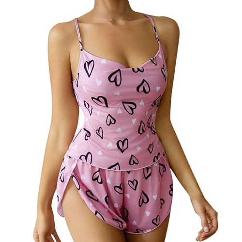 Briskorry Pyjama Damen, Schlafanzug Mädchen Kurz, Schlafanzüge Zweiteiliger Shorty Nachtwäsche V Ausschnitt Sexy Cami Sleepshirt und Schlafshort Nightwear Casual Kuschelig Bodysuit Bedruckt Halloween von Briskorry