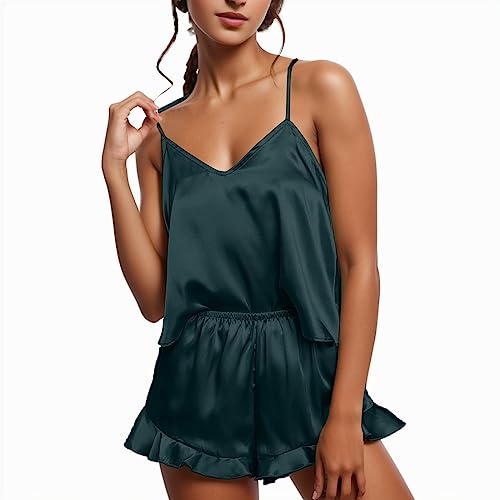 Briskorry Pyjama Set Damen Kurz, Schlafanzug Mädchen Kurz, Pjs Zweiteiler Shorty Nachtwäsche Set V-Ausschnit Sexy Cami Oberteil und Schlafhose Sleepwear Lässig Leichter Negligé Einfarbige Halloween von Briskorry