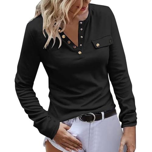 Briskorry Shirt Langarm Damen Schwarz, Crop Tops Damen Y2K, Oberteil Stretch Enges T-Shirts Langärmliges V Ausschnitt Tops Elegant Skims Stockholm Style Clothes Klassisch Einfarbige Streetwear Lässig von Briskorry