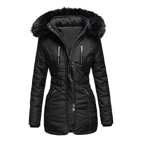 Briskorry Winterjacke Damen Lang, Damen Steppjacke, Outdoorjacke mit Kapuzen Warme Freizeitjacke Zipper Langarm Gesteppte Jacke Lässige Grosse Grössen Softshellmantel Bequem Mantel Outdoor von Briskorry