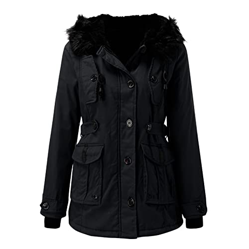 Briskorry Winterjacke mit Fell Damen, Damen Steppjacke, Daunenmantel Warme mit Kapuzen Winter Jacke Zipper Langarm Daunen Mantel Freizeit Große Größen Sweatjacke Bequemes Damenjacken Outdoor von Briskorry