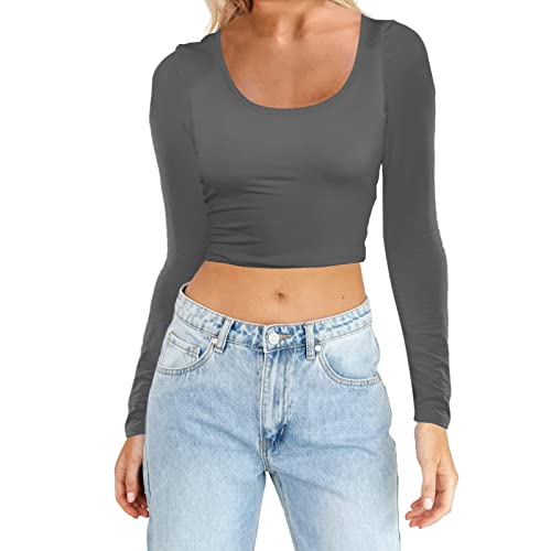 Briskorry Y2K Top Damen, Crop Top Langarm Sexy, Oberteil Enges Bauchfreies T Shirts Langen Ärmeln Rund Ausschnitt Top Sexy Y2K Unterziehshirt Basic Einfarbig Streetwear 2024 von Briskorry