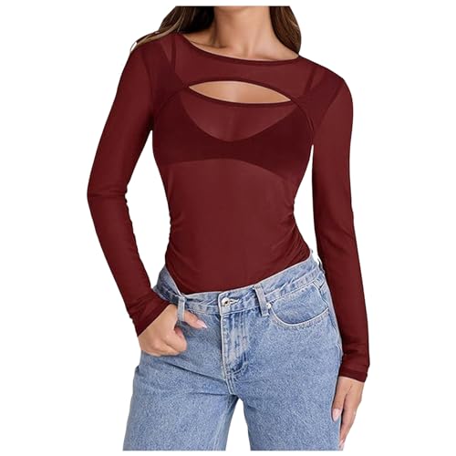 Briskorry Y2K Top Damen, Crop Top Y2K Aesthetic, Oberteil Stretch Slim Fit Tee Shirt Rund Ausschnitt Long Sleeve Tops Athletisch Y2K Stockholm Style Clothes Mesh Einfarbiges Streetwear Casual von Briskorry