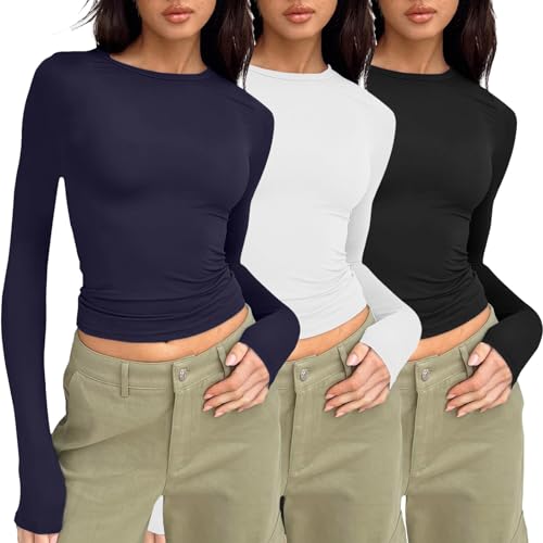 Damen Langarmshirt Baumwolle, Crop Top Y2K, Oberteil Bauchfreie Enge T-Shirts Rund Ausschnitt Langarm Tops Athletische Y2K Stockholm Style Clothes Solide Klassische Streetwear Teenager Mädchen von Briskorry