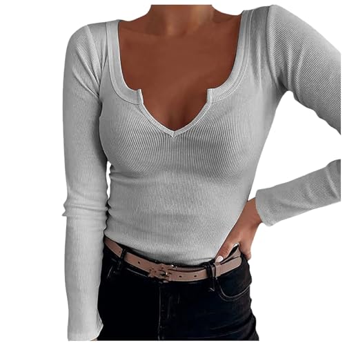 Damen Langarmshirt Baumwolle, Crop Tops Damen Langarm Weiß, Oberteile Stretch Enge T-Shirts Langen Ärmeln V-Ausschnitt Shirt Sexy Skims Clean Girl Klamotten Einfarbig Basic Streetwear 2024 von Briskorry