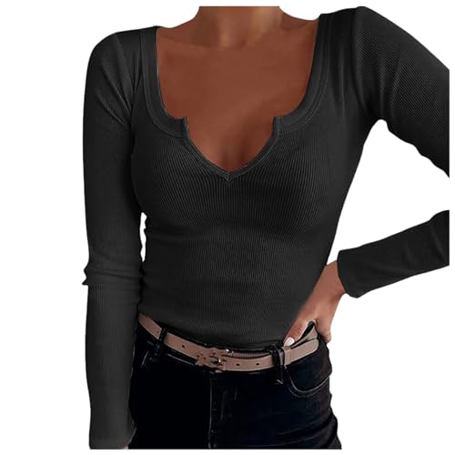 Damen Langarmshirt Baumwolle, Crop Tops Damen Langarm Weiß, Oberteile Stretch Enge T-Shirts Langen Ärmeln V-Ausschnitt Shirt Sexy Skims Clean Girl Klamotten Einfarbig Basic Streetwear 2024 von Briskorry