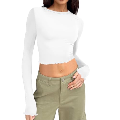 Damen Langarmshirt Baumwolle, Crop Tops Damen Y2K, Oberteil Enges Bauchfreie Tshirt Rundhalsausschnitt Longsleeve Tops Skims Aesthetic Clean Girl Klamotten Basic Solide Streetwear Beiläufig von Briskorry