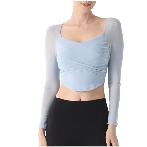 Damen Langarmshirt Baumwolle, Crop Tops Damen Y2K, Oberteile Bauchfreie Slim Fit Tee Shirt Langen Ärmeln V-Ausschnit Top Y2K Athletisch Clean Girl Klamotten Basic Solide Streetwear Lässig von Briskorry