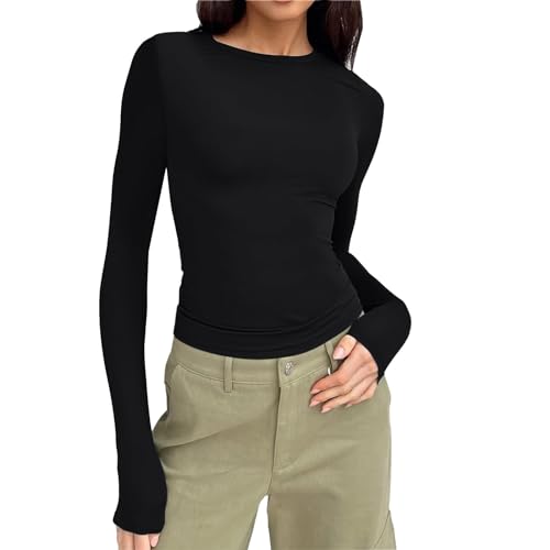 Damen Langarmshirt Schwarz, Crop Top Langarm Sexy, Oberteil Bauchfreie Slim Fit Tshirts Rund Ausschnitt Long Sleeve Tops Y2K Athletisch Unterziehshirt Klassische Einfarbiges Streetwear Teenager von Briskorry