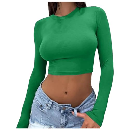 Damen Langarmshirt Schwarz, Crop Tops Damen Y2K, Oberteil Bauchfreies Slim Fit T Shirts Langärmliges Rundhalsausschnitt Shirt Skims Aesthetic Clean Girl Klamotten Klassischer Solid Streetwear von Briskorry