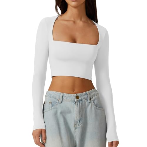 Damen Langarmshirt Sport, Crop Tops Damen Sport Langarm, Oberteile Bauchfreies Enge T Shirts Quadratischer Ausschnitt Shirts Athletisch Skims Clean Girl Klamotten Einfarbige Klassischer Streetwear von Briskorry