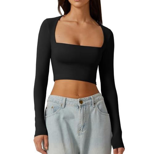 Damen Langarmshirt Sport, Crop Tops Damen Sport Langarm, Oberteile Bauchfreies Enge T Shirts Quadratischer Ausschnitt Shirts Athletisch Skims Clean Girl Klamotten Einfarbige Klassischer Streetwear von Briskorry