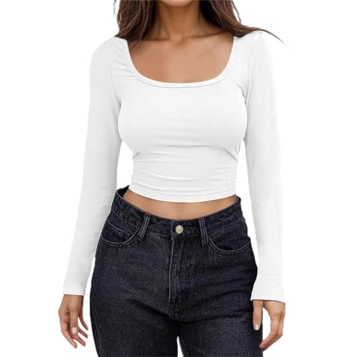 Damen Langarmshirt Weiß, Crop Top Langarm Sexy, Oberteil Eng Bauchfreie T-Shirts Quadratischer Ausschnitt Long Sleeve Bluse Y2K Elegant Stockholm Style Clothes Klassisch Einfarbiges Streetwear von Briskorry