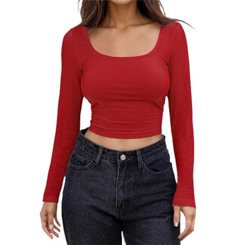 Damen Langarmshirt Weiß, Crop Top Langarm Sexy, Oberteil Eng Bauchfreie T-Shirts Quadratischer Ausschnitt Long Sleeve Bluse Y2K Elegant Stockholm Style Clothes Klassisch Einfarbiges Streetwear von Briskorry