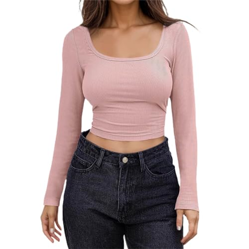 Damen Langarmshirt Weiß, Crop Top Langarm Sexy, Oberteil Eng Bauchfreie T-Shirts Quadratischer Ausschnitt Long Sleeve Bluse Y2K Elegant Stockholm Style Clothes Klassisch Einfarbiges Streetwear von Briskorry