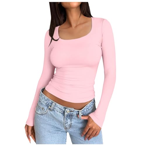 Damen Langarmshirt Weiß, Crop Tops Damen Langarm Sport, Oberteile Bauchfreies Eng T-Shirt Long Sleeve U-Ausschnitt Top Skims Athletische Unterziehshirt Klassischer Einfarbiger Streetwear Lässiges von Briskorry