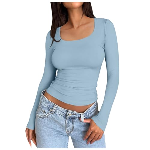 Damen Langarmshirt Y2K, Crop Top Langarm Sexy, Oberteil Bauchfreie Slim Fit T-Shirt U Ausschnitt Langärmliges Blusen Sexy Skims Unterziehshirt Klassisch Solide Streetwear Frauen von Briskorry