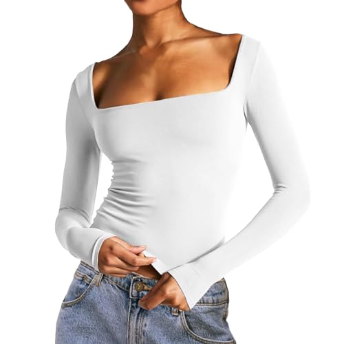 Damen Langarmshirts Y2K, Crop Top Damen Langarm, Oberteil Slim Fit Bauchfreie Tshirts Rechteckiger Ausschnitt Long Sleeve Shirt Skims Athletisch Stockholm Style Clothes Einfarbiger Streetwear von Briskorry