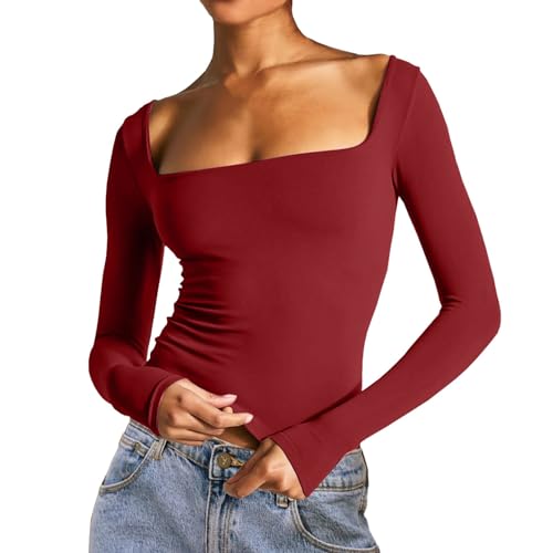 Damen Langarmshirts Y2K, Crop Top Damen Langarm, Oberteil Slim Fit Bauchfreie Tshirts Rechteckiger Ausschnitt Long Sleeve Shirt Skims Athletisch Stockholm Style Clothes Einfarbiger Streetwear von Briskorry