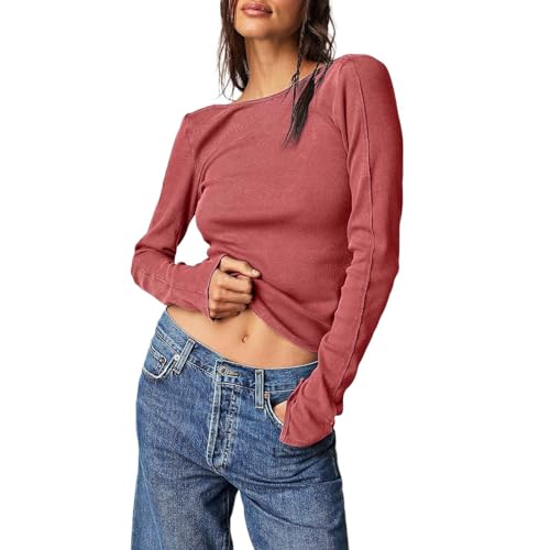 Damen Langarmshirts Y2K, Crop Tops Damen Sport Langarm, Oberteil Dehnbar Enge T Shirts Rund Ausschnitt Lange Ärmel Top Y2K Elegant Clean Girl Klamotten Einfarbige Klassische Streetwear Lässiger von Briskorry