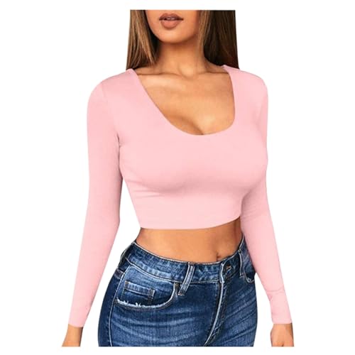 Damen Oberteile Langarm, Crop Top Langarm Damen, Oberteile Slim Fit Bauchfreies Tee Shirt Rundhals Langarm Shirts Skims Aesthetic Clean Girl Klamotten Klassische Einfarbiger Streetwear Lässiges von Briskorry