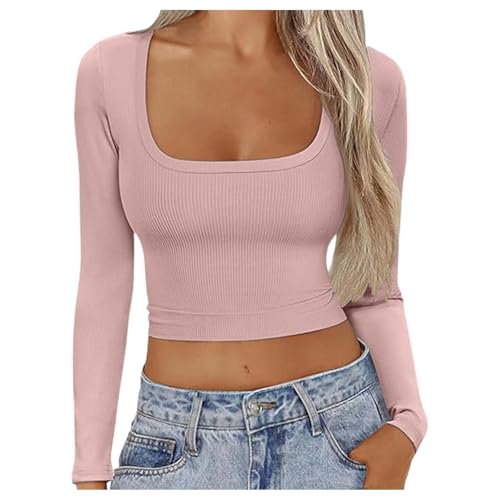 Damen Oberteile Langarm, Crop Tops Damen Langarm, Oberteil Slim Fit Bauchfreie T-Shirt Long Sleeve Rechteckiger Ausschnitt Top Athletische Y2K Stockholm Style Clothes Klassische Solide Streetwear von Briskorry