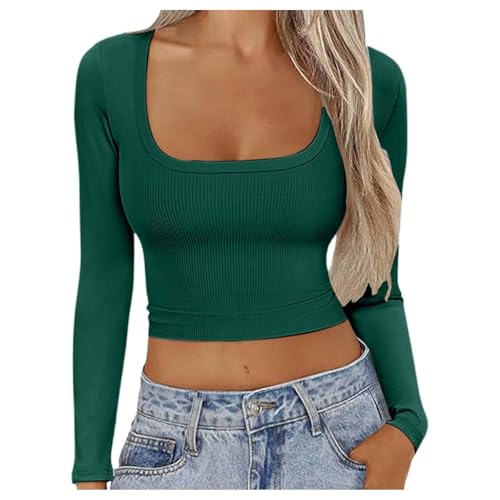 Damen Oberteile Langarm, Crop Tops Damen Schwarz Langarm, Oberteile Bauchfreie Eng T Shirts Rechteckiger Ausschnitt Langen Ärmeln Shirts Skims Sexy Clean Girl Klamotten Einfarbig Klassisch Streetwear von Briskorry