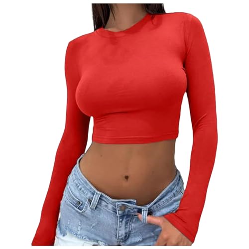 Damen Oberteile Langarm, Crop Tops Damen Y2K, Oberteil Enge Bauchfreies T-Shirts Rundhalsausschnitt Lange Ärmel Shirts Y2K Athletische Clean Girl Klamotten Solide Klassischer Streetwear Lässiges von Briskorry