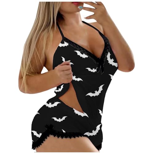 Damen Pyjama Kurz, Schlafanzug Damen Kurz Set Sexy, Pjs Sets Zweiteilige Kurz Nachtwäsche Spitze Spleiß V-Ausschnit Ärmellose Nachthemd und Pyjamahose Sleepwear Lounge Lingerie Gedruckte Halloween von Briskorry