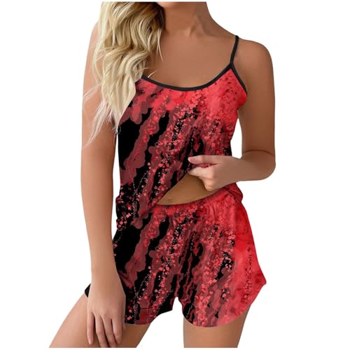 Damen Pyjama Kurz, Schlafanzug Teenager Mädchen, Pyjama-Set Zweiteiler Shorty Nachtwäsche V Ausschnitt Sexy Ärmellos Oberteil und Pyjamahosen Homewear Bequeme Casual Dessous Set Gedruckt Sommer von Briskorry