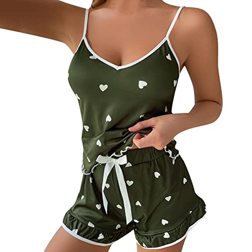 Damen Pyjama Sommer, Schlafanzug Damen Kurz, Pyjamas Zweiteiliger Shorty Nachtwäsche V Ausschnitt Sexy Spaghettiträger Top und Schlafshort Nachtkleidung Freizeit Komfort Negligee Bedruckter 2024 von Briskorry