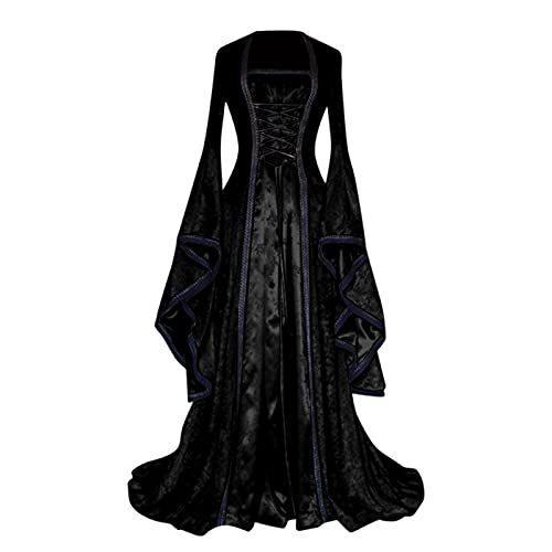 Kleid Mittelalter Damen, Schwarzes Renaissance Kleid, Gothiches Kleid Spitze Vintage Maxikleid Trompete Ärmel Gesmokte Taille Partykleid Frabblock Schulterfreie Festlich Kostüm Mittelalterliche von Briskorry