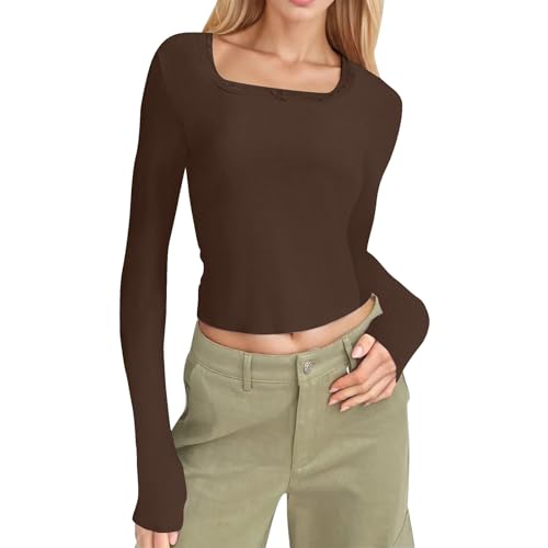 Langarm Shirts Damen, Crop Top Damen Y2K, Oberteile Bauchfreie Slim Fit T Shirts Langen Ärmeln Quadratischer Ausschnitt Tops Elegant Y2K Clean Girl Klamotten Klassisch Einfarbiger Streetwear 2024 von Briskorry