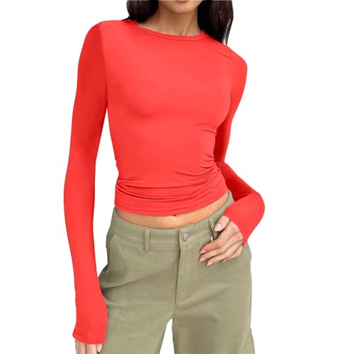 Langarmshirt Damen Baumwolle, Crop Top Weiß Langarm, Oberteile Enge Bauchfreies Tee Shirts Longsleeve Rund Ausschnitt Top Y2K Athletisches Unterziehshirt Basic Einfarbige Streetwear 2024 von Briskorry