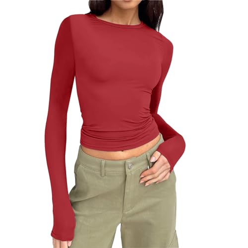 Langarmshirt Damen Baumwolle, Crop Top Weiß Langarm, Oberteile Enge Bauchfreies Tee Shirts Longsleeve Rund Ausschnitt Top Y2K Athletisches Unterziehshirt Basic Einfarbige Streetwear 2024 von Briskorry