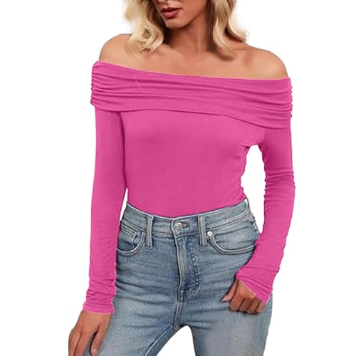 Langarmshirt Damen Baumwolle, Crop Tops Damen Sport Langarm, Oberteile Eng Dehnbar Tee Shirts Schulterfreies Langen Ärmeln Shirts Elegant Y2K Unterziehshirt Klassischer Einfarbige Streetwear Lässig von Briskorry