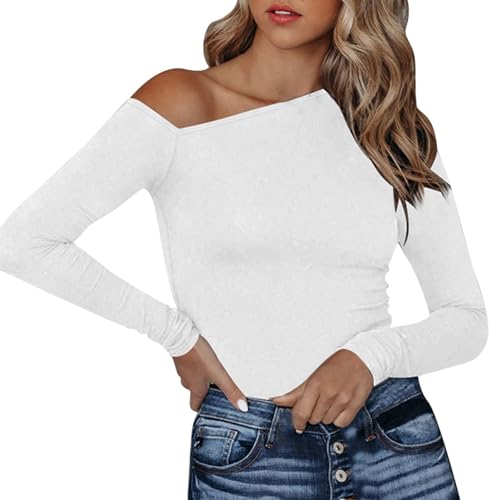 Langarmshirt Damen Elegant, Crop Top Damen Y2K, Oberteile Dehnbar Enges Tshirts Langärmelig Schulterfreies Bluse Athletisches Skims Clean Girl Klamotten Einfarbiger Basic Streetwear Lässiges von Briskorry