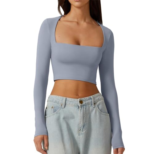 Langarmshirt Damen Elegant, Crop Top Langarm Sexy, Oberteil Slim Fit Bauchfreies T-Shirts Rechteckiger Ausschnitt Lange Ärmel Bluse Sexy Skims Clean Girl Klamotten Klassisch Einfarbiges Streetwear von Briskorry