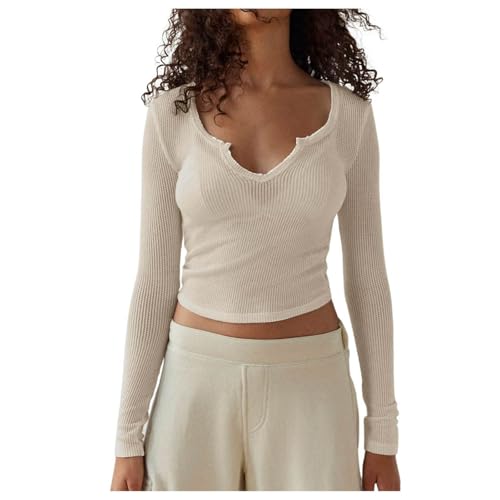 Langarmshirt Damen Elegant, Crop Top Langarm Sexy, Oberteile Bauchfreie Slim Fit T Shirts V-Ausschnit Long Sleeve Top Aesthetic Y2K Clean Girl Klamotten Klassische Einfarbige Streetwear Lounge von Briskorry