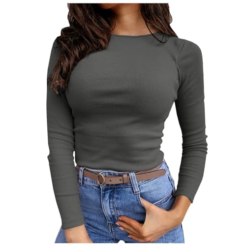 Langarmshirt Damen Eng, Crop Top Schwarz Langarm, Oberteil Stretch Enge Tee Shirt Langärmliges Rundhalsausschnitt Tops Sexy Skims Stockholm Style Clothes Einfarbiger Klassische Streetwear Beiläufig von Briskorry