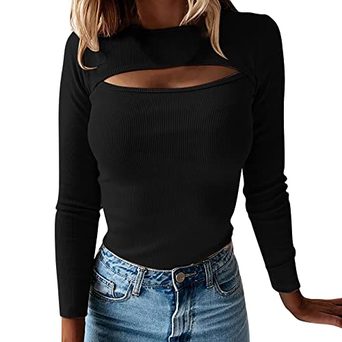 Langarmshirt Damen Eng, Crop Top Schwarz Langarm, Oberteile Enge Stretch T Shirt Langärmelig Aushöhlen Tops Athletische Skims Stockholm Style Clothes Klassischer Einfarbiger Streetwear Frauen von Briskorry