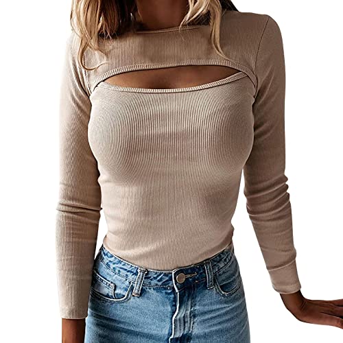 Langarmshirt Damen Eng, Crop Top Schwarz Langarm, Oberteile Enge Stretch T Shirt Langärmelig Aushöhlen Tops Athletische Skims Stockholm Style Clothes Klassischer Einfarbiger Streetwear Frauen von Briskorry