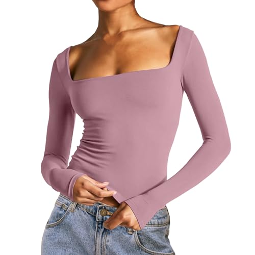 Langarmshirt Damen Eng, Crop Tops Damen Sport Langarm, Oberteile Slim Fit Bauchfreie Tshirt Langarm Quadratischer Ausschnitt Bluse Y2K Aesthetic Unterziehshirt Solid Klassisch Streetwear Freizeit von Briskorry